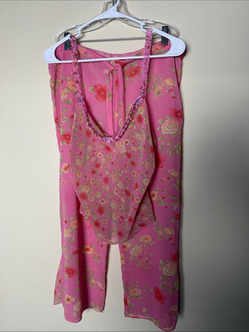Vintage Y2K Josie Natori Pajamas Set Small Pink Floral Cropped Pants Tank Sheer